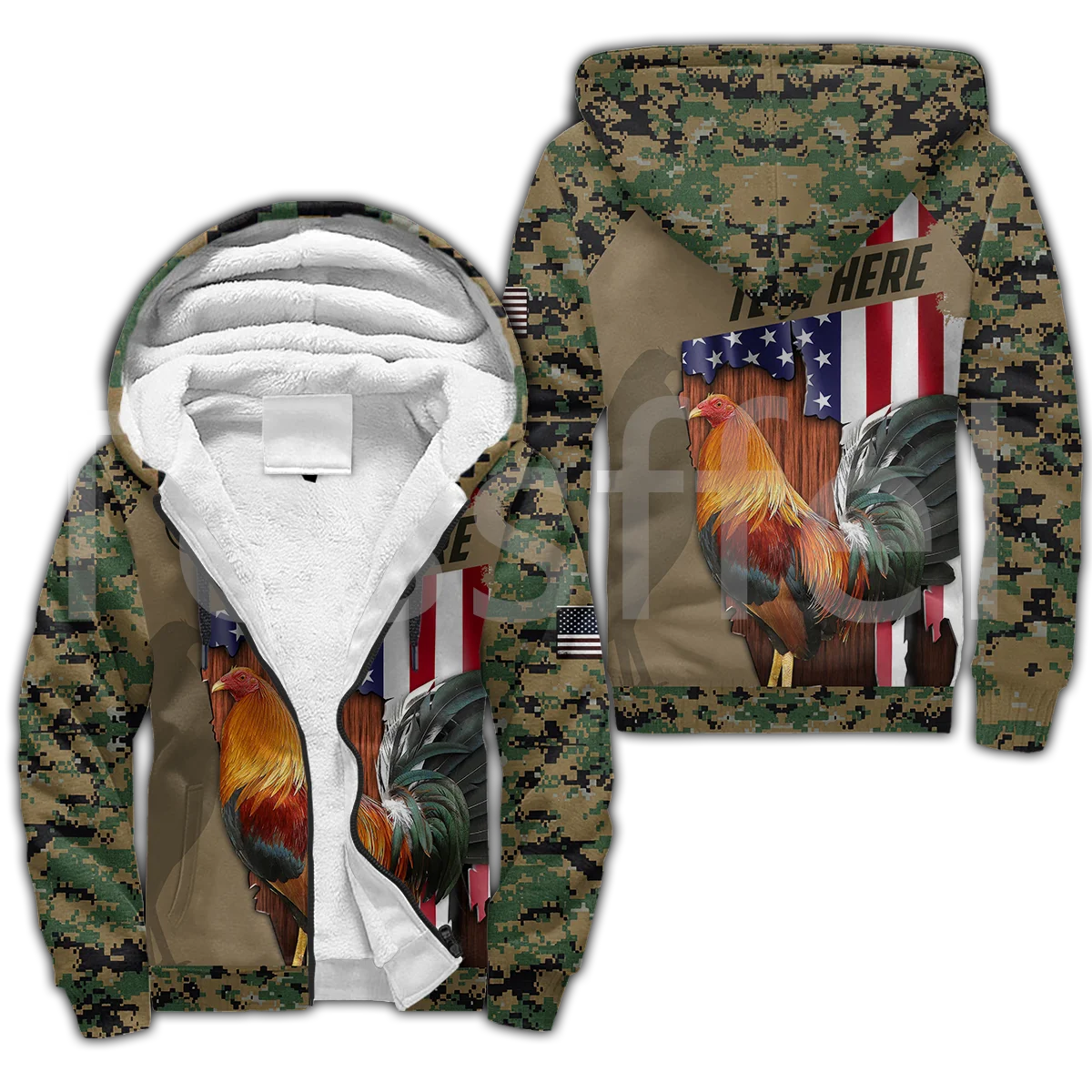 Tessffel Rooster Chicken Cock Animal Camo Colorful Winter Coat Pullover Tracksuit 3Dprint Men/Women Fleece Zip Hoodies Jacket A1