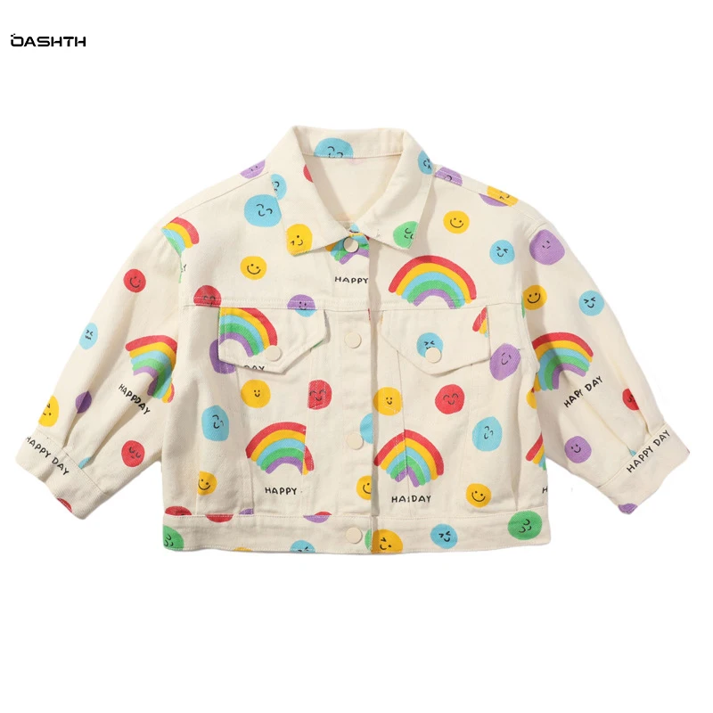 

OASHTH Children's clothing spring and autumn new girls denim jacket fashion rainbow top
