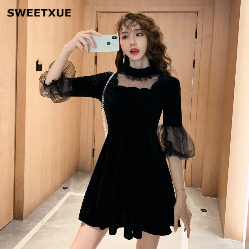 SWEETXUE осенне-зимнее бархатное платье, элегантное Сетчатое лоскутное мини-платье трапециевидной формы, офисное Повседневное платье для женщин, vestido mujer