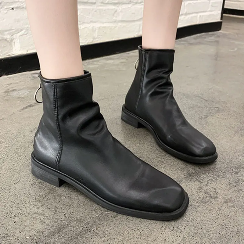 

Women Square Toe Flat Ankle Boots Casual Boots Female Zip Back Retro Oxford Boot Flat Bottom College Style Shoes