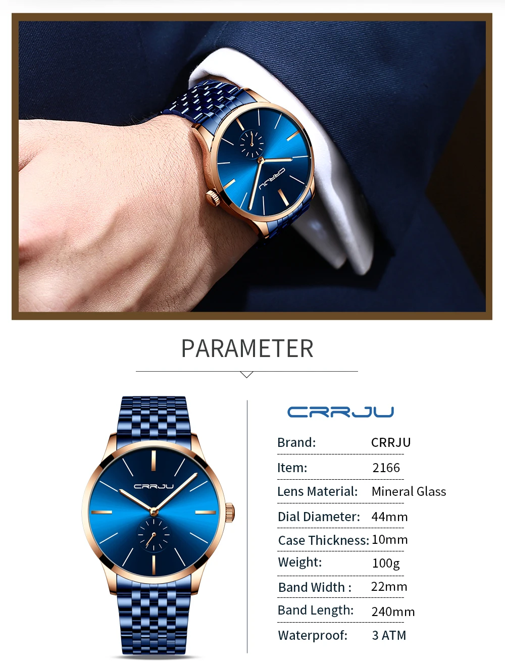 CRRJU мужские часы, модные водонепроницаемые аналоговые часы, повседневные спортивные водонепроницаемые светящиеся часы из нержавеющей стали