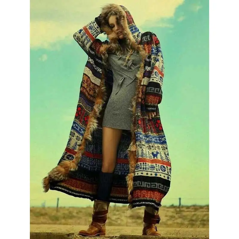 Богемный Вдохновленный принт FauxFur куртка с капюшоном для женщин 2019 новый