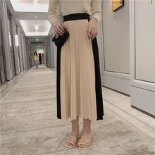 4 цвета Новая звезда с осенней женской юбкой Высокая талия Цвет Соответствующие женская плиссированная юбка элегантный, до середины лодыжки слово юбка