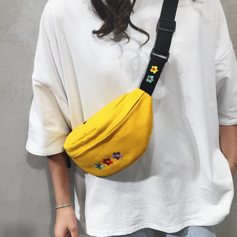 

2019 Fashion Female Adjustable White Black Waist Bag Ladies Small Chest Belt Bag Flower Canvas Fanny Pack For Women G101