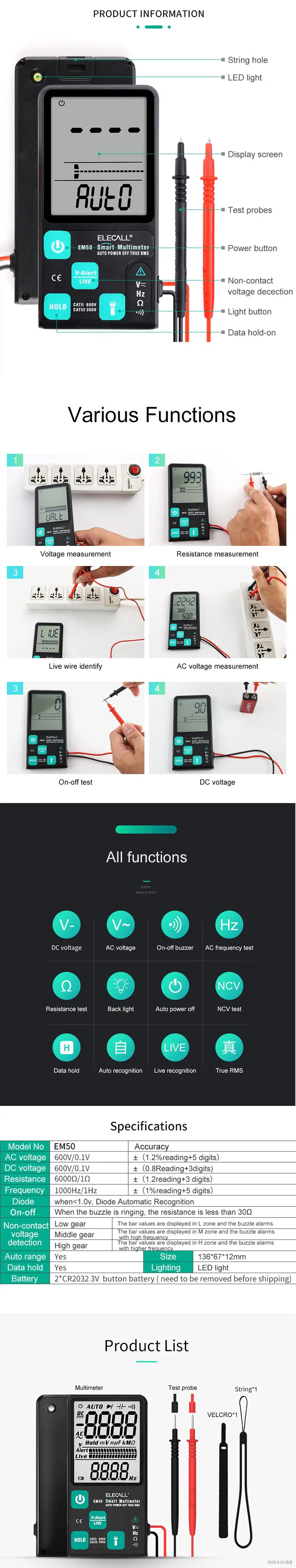 ELECALL EM50 ультра-тонкий большой экран цифровой мультиметр тестер True RMS вольтметр напряжение NCV сопротивление 3 линии большой дисплей