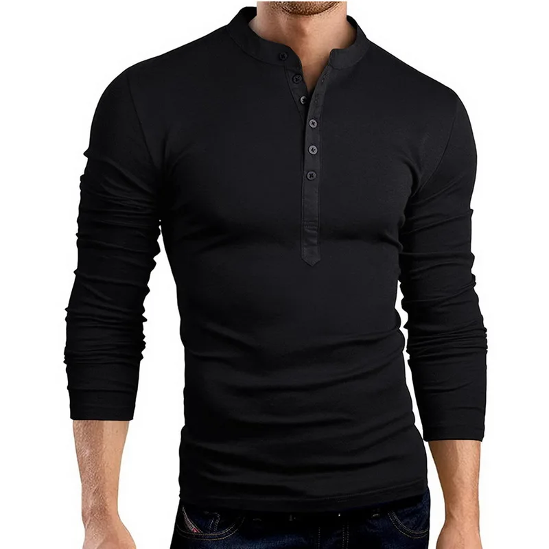 

Men 2020 Spring Autumn Fashion Men's Button Solid Stand Tops Tees Men Long Sleeve T Shirt Slim Male Tshirts Plus Size 3XL