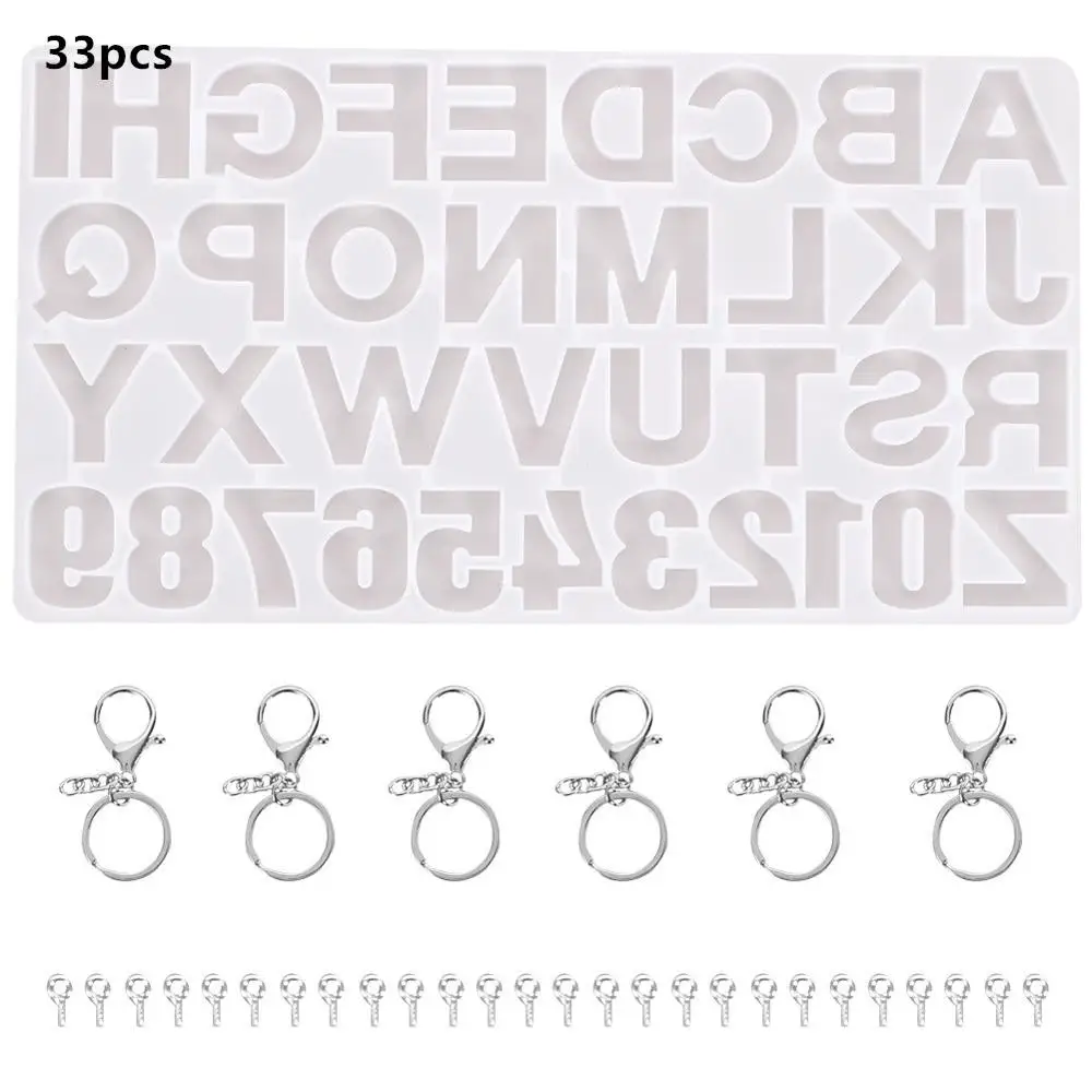 1 set 33pcs Silicone mold set DIY 26 letter Digital Mould with Key ring Screw pin for Resin Jewelry Making