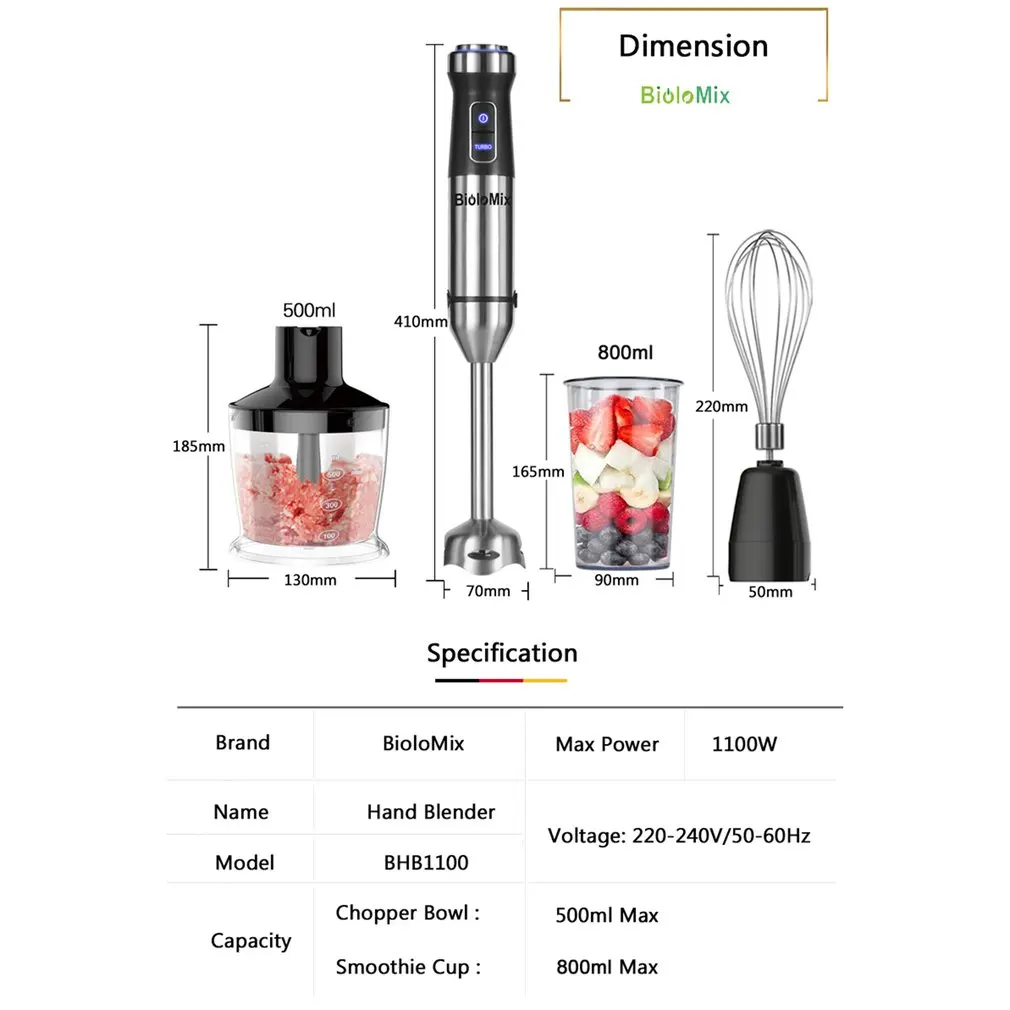 4-в-1 Нержавеющая сталь 1100W погружения ручной блендер миксер Овощной Мясорубка 500 мл венчик измельчитель 800 мл стакан для смузи