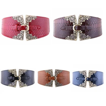 

Women Elegant Metal Buckle PU Leather Cummerbund Belt Waist Belt Graceful Elastic Pin Buckle Waistband Retro Fashion Wide Belt