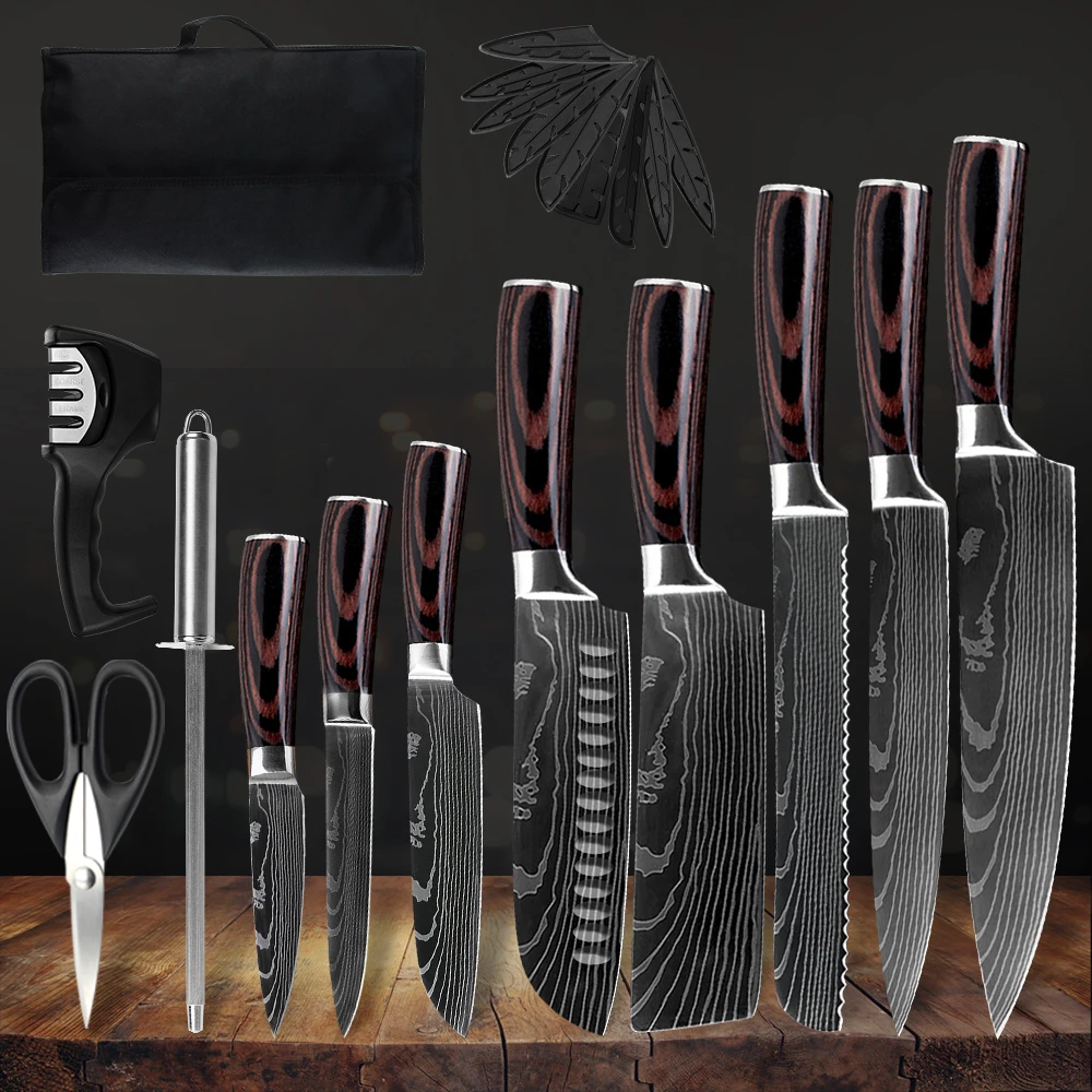 12 Pockets Knife Roll Bag 7cr17 Stainless Steel Chef Knife Set Cover Sheath Sharpener Scissors Damascus Veins Kitchen Knives Set Kitchen Knives Aliexpress