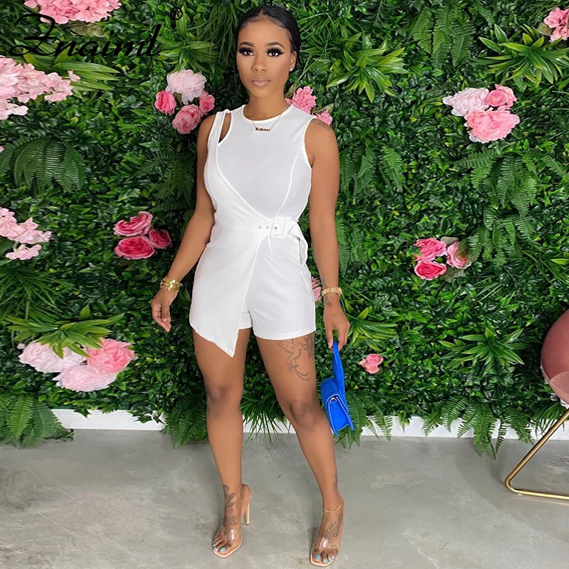 

Znaiml Women's Sexy Solid Lrregular Jumpsuits Slim Sash Sleeveless O-Neck Hollow Out Back Zipper Casual Straight Playsuits Ladie