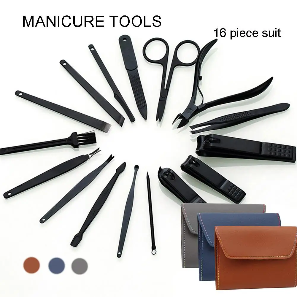 

16Pcs/Set Nail Clipper Cutter File Manicure Pedicure Tool with Faux Leather Case