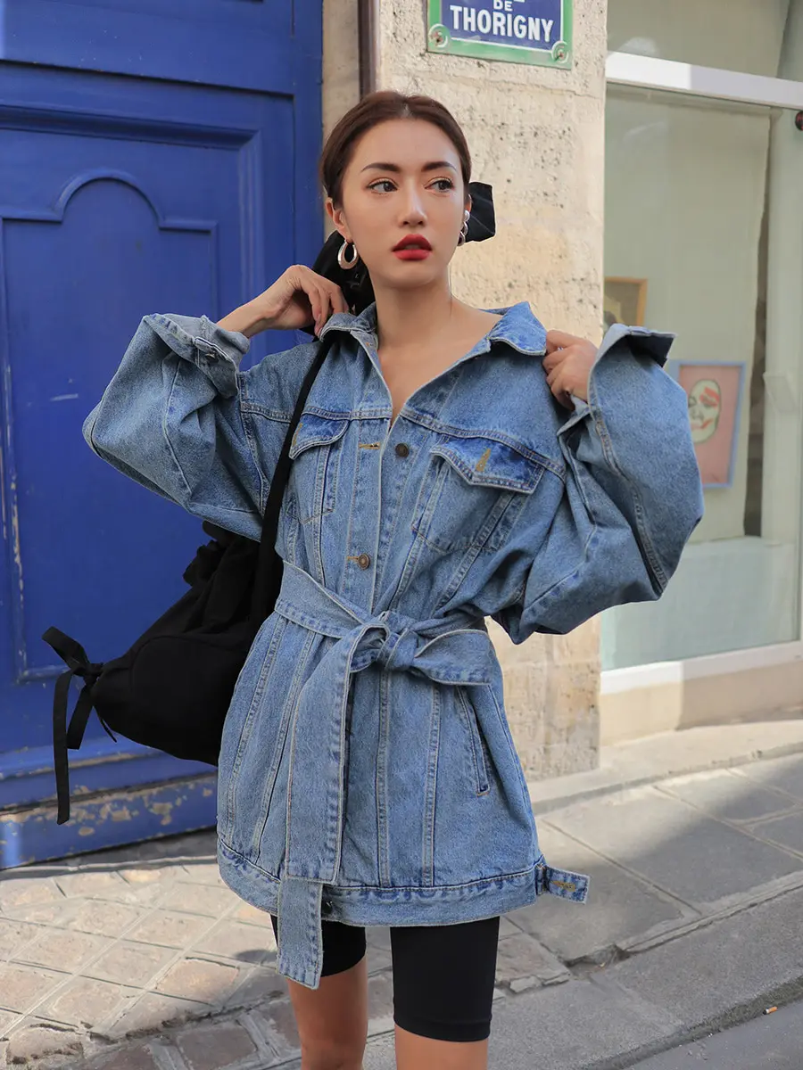 Осенняя модная женская джинсовая куртка с поясом 4 цвета Harajuku уличная классная куртка для девочек повседневная женская верхняя одежда