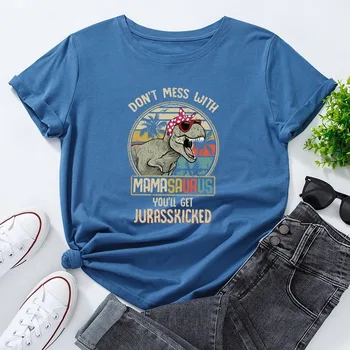 JCGO Summer Cotton Women T Shirt 5XL Plus Size Dinosaur Letters Print Short Sleeve Graphic