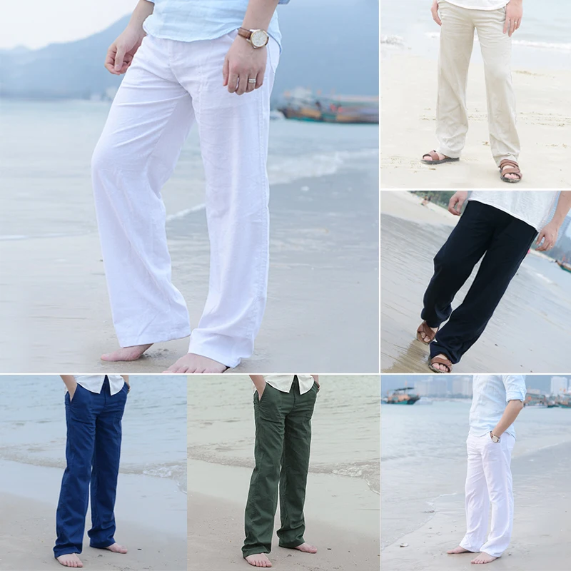 Casual Pants Cotton Linen Pants Men Casual Cotton Linen Wed Leg Thai Fisherman Loose Long Pant White Black Solid Color Autumn Summer M-3XL
