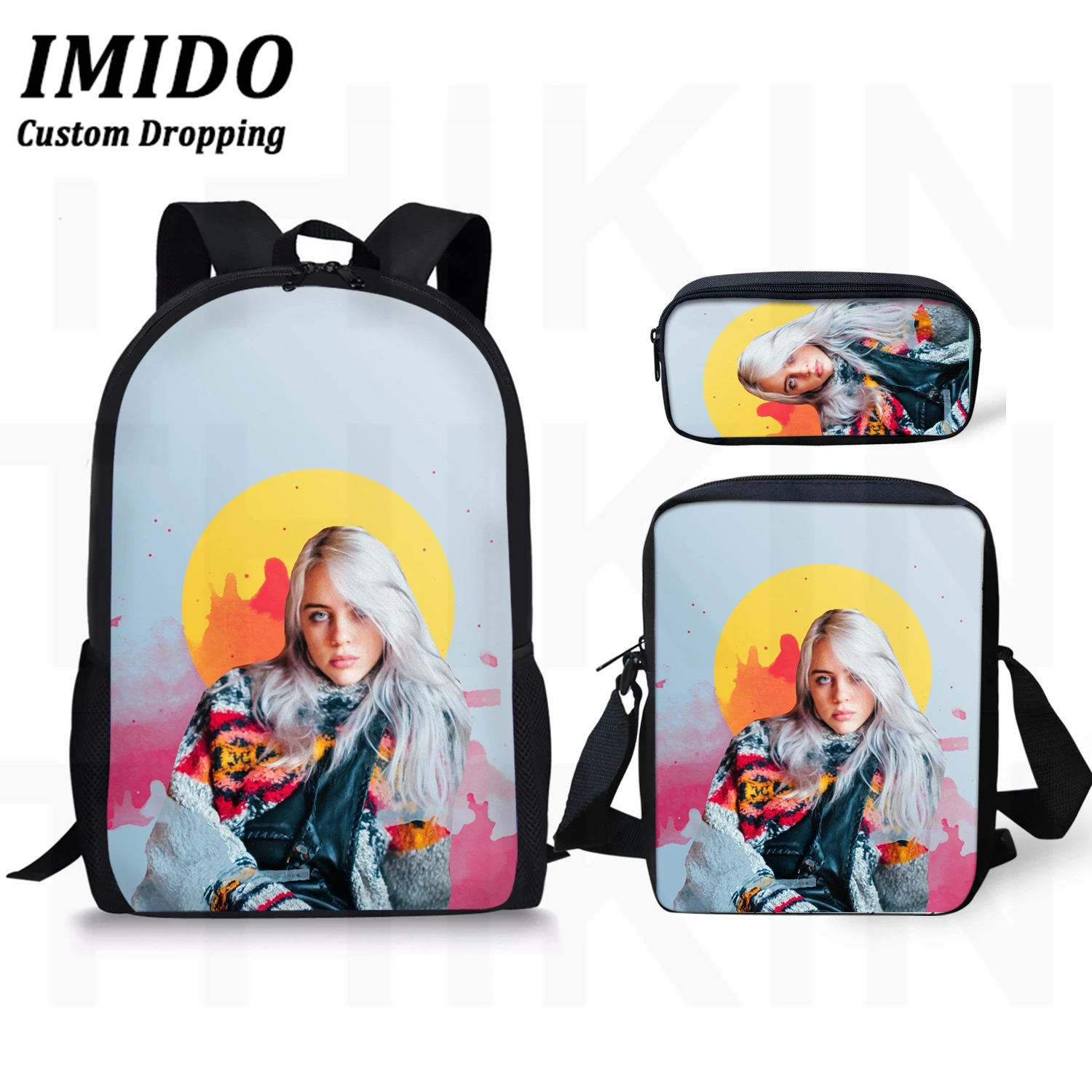 IMIDO 3 шт./компл. в стиле «хип-хоп» повседневные Рюкзаки Billie Eilish печати школьная Baags для подростков крутая модная одежда для девочек Повседневное Mochila Mujer - Color: 6468CEK