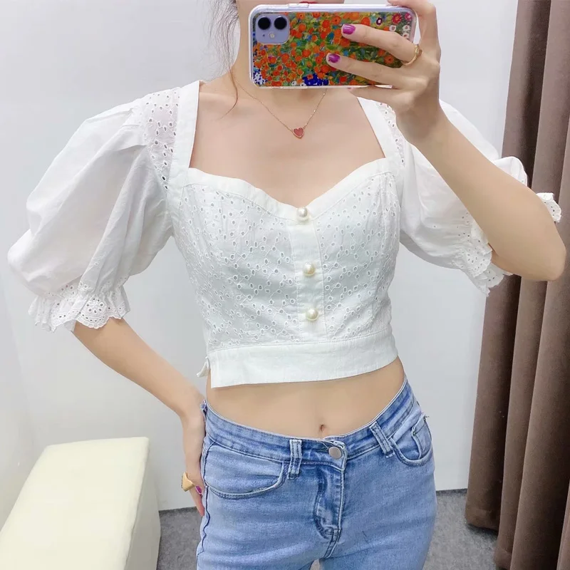 

new women white puff sleeve tops with ruffles cuffs 2020 stylish cotton square collar shirt sexy ladies chic embroidery blouses
