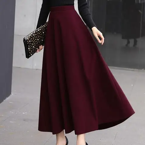 High Waist Woolen Skirts Womens Winter Streewear Wool Long Pleated Skirt With Belt Ladies Saia Longa Black DF915