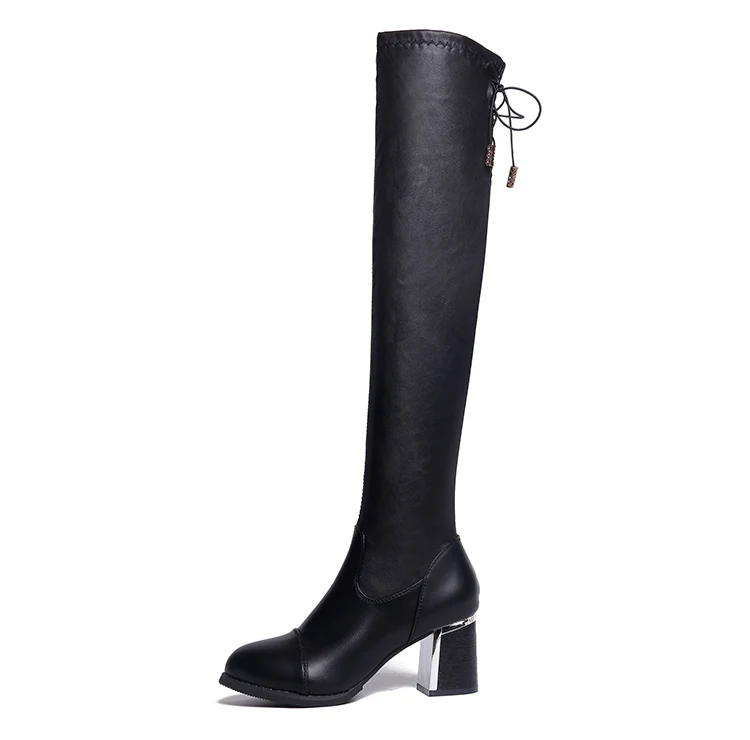 Пикантные зимние сапоги на высоком каблуке; сапоги до бедра; женские Сапоги выше колена на платформе; кожаные черные высокие сапоги; женская обувь на меху - Цвет: Black With Plush