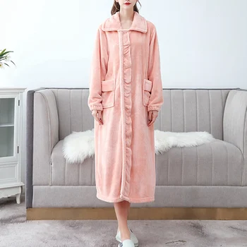 

Women Sleepwear Autumn Coral Fleece Robe Thicken Ruffle Pajamas Robe Lady Bathrobe Nightgown Robes Gown Loungewear