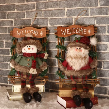 

Wooden Rectangle Christmas Wreath Garland With Santa Claus/Snowman Doll Welcome Sign Holiday Hanging Pendant For Door Wall N06