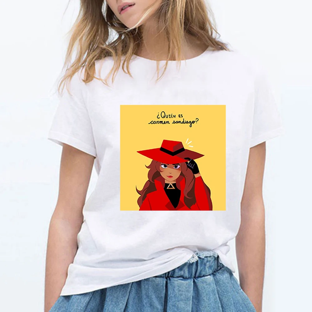 Where Is Carmen Sandiego Футболка с принтом, круглый вырез, короткий рукав, забавная футболка Ulzzang, Camisa Feminina, Графические футболки для женщин, мультяшный Топ