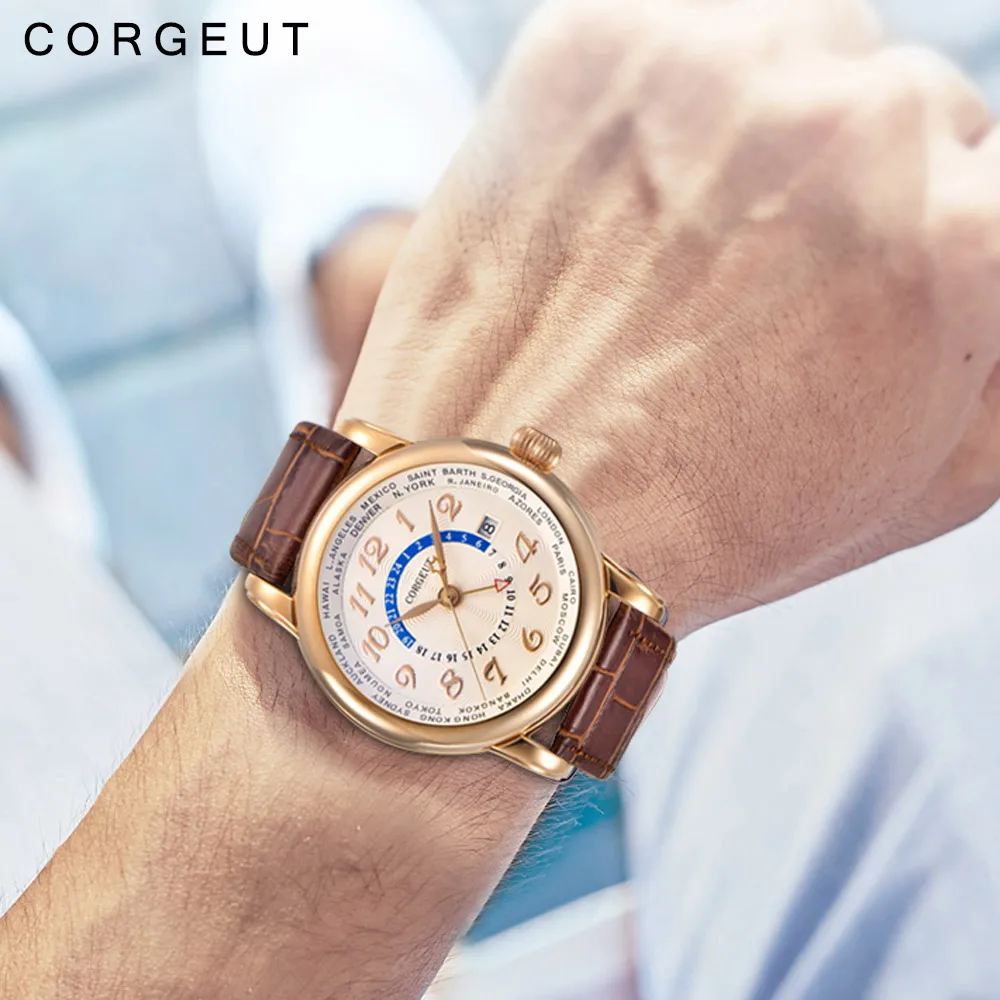 Corgeut Элитный бренд, механические часы модные кожаные часы с двумя часовыми поясами GMT автоматические мужские часы кожаные механические наручные часы