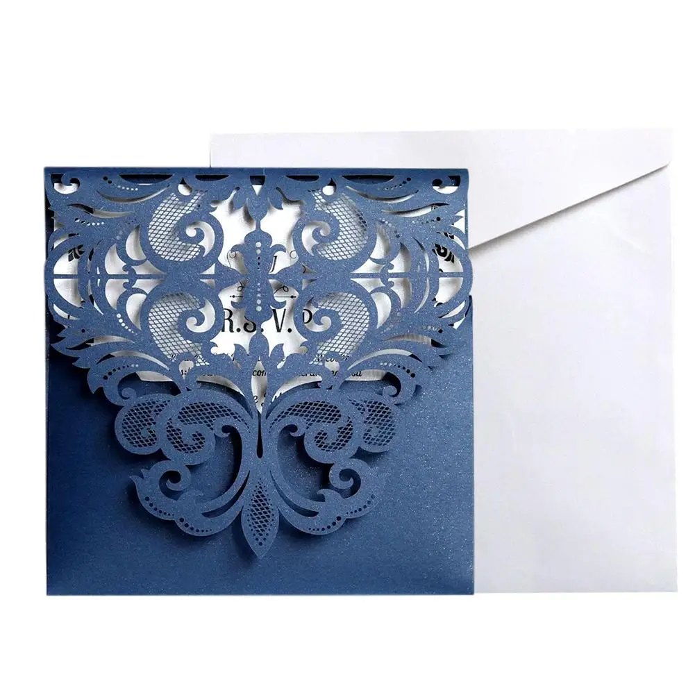  10pcs/set European Style Lace Wedding Invitations Cards Blue Color Laser Greeting Card Wedding Enga - 4.00003E+12