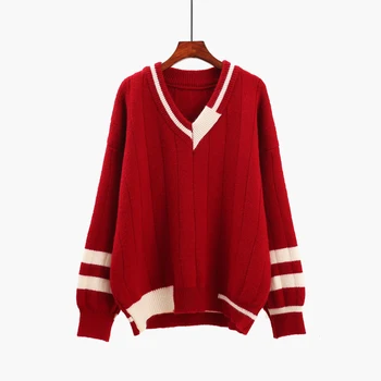 

Women's New Contrast Color V-neck Student Loose Thick Sweater