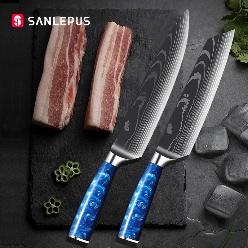 SANLEPUS Kitchen Knives Laser Damascus Pattern Chef Knife Sharp Santoku Cleaver Slicing Cake Utility Blue Resin Handle | Дом и сад