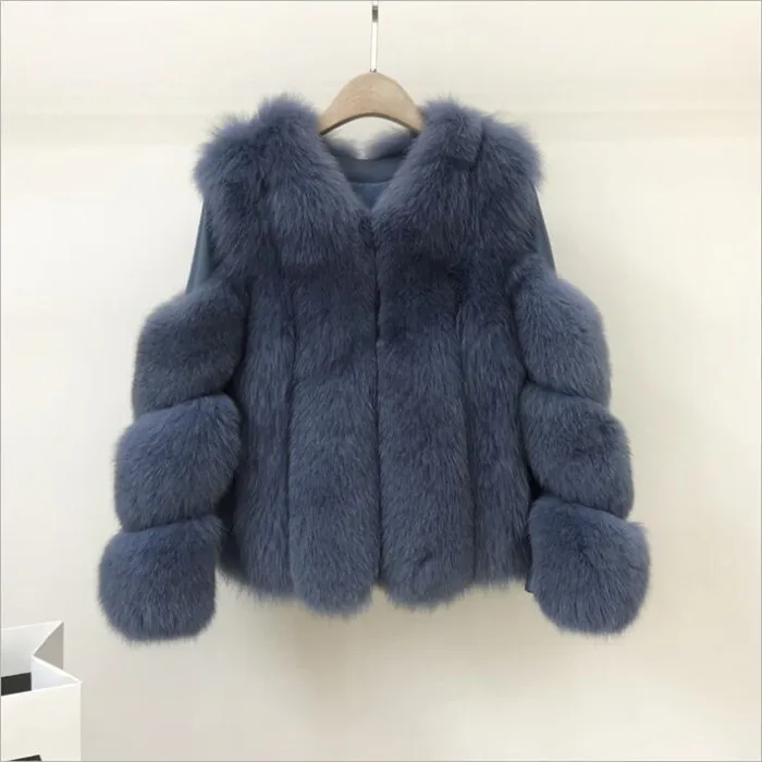 blue fox Короткая стильная шуба из натурального меха, Толстая теплая женская шуба из синей лисы, зимняя шуба из натурального Лисьего меха - Цвет: blue fox