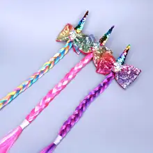 Хвастайтесь окружающей среды Европы и Америки детская вечеринка Единорог заколки парик цвета радуги коса блесток лук пункт клип Мода доступ волос