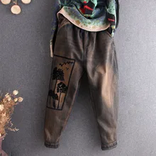 Женские осенние зимние теплые вельветовые Модные винтажные джинсы с вышивкой, женские повседневные джинсовые свободные штаны-шаровары для бега