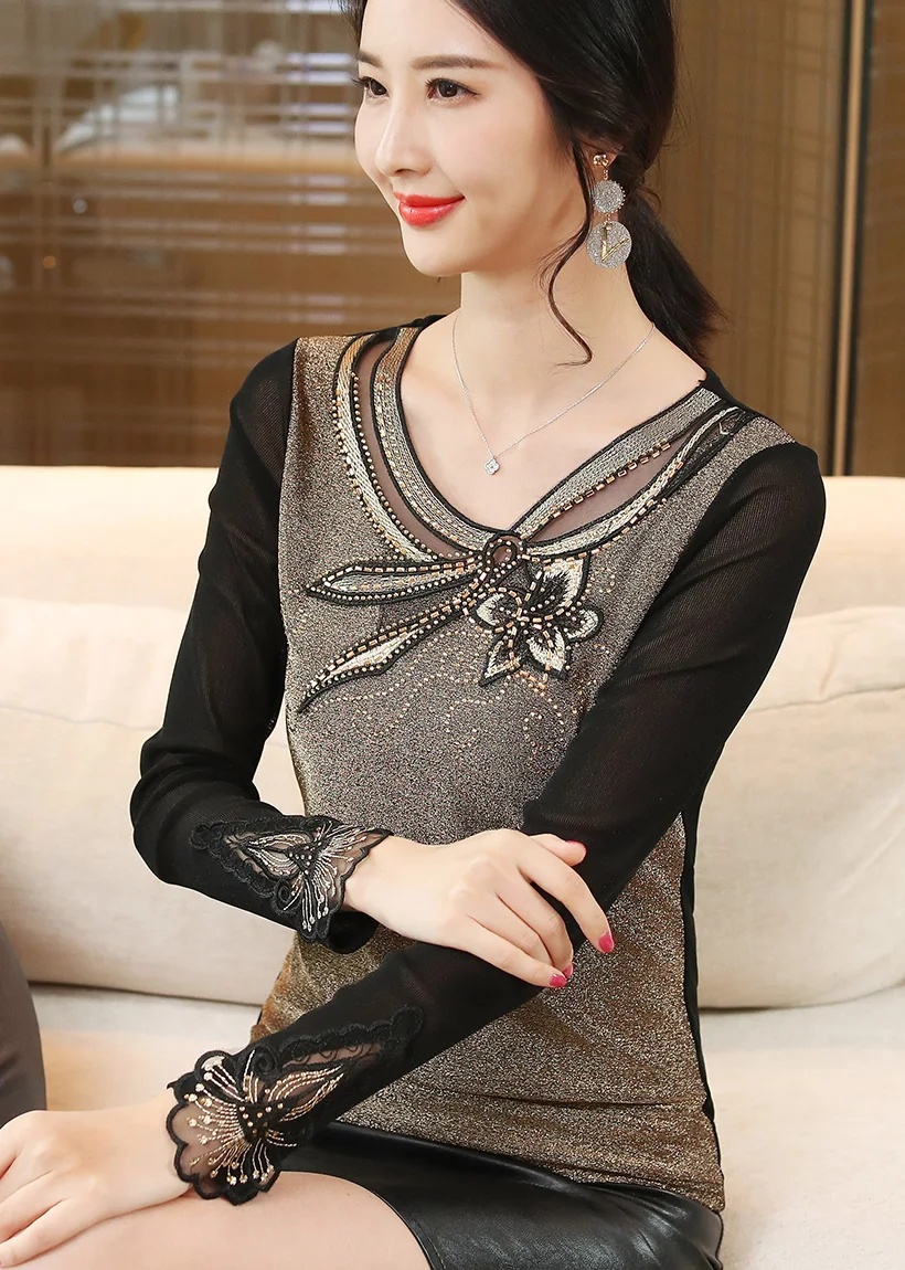 Blusas mujer de moda, осенне-зимняя блузка с длинными рукавами, Женские топы и рубашки, элегантная тонкая женская блузка с бриллиантами, большие размеры