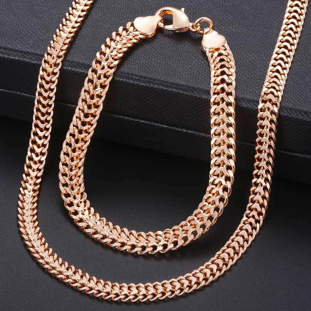 Davieslee Jewelry Sets For Women Men 585 Rose Gold Bracelet Necklace Set Double Cuban Weaving Bismark Chain Jewelry 2019 LCS04 - Image 2