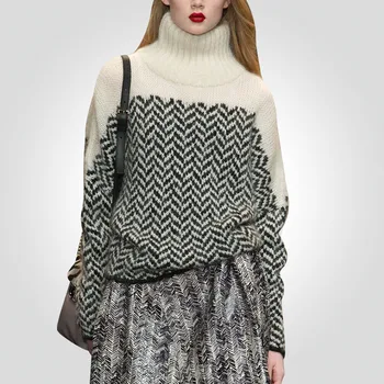 

Turtleneck Knitted Pullover Sweater Women Winter Wavy Fringe Striped Loose Warm Wool Sweater Soft Jumper Pull Femme