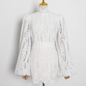 

HIGH STREET New Stylish 2020 Runway Suit Set Women's Turtleneck Lantern Sleeve Hollow Out Embroidery Half skirt lace Set