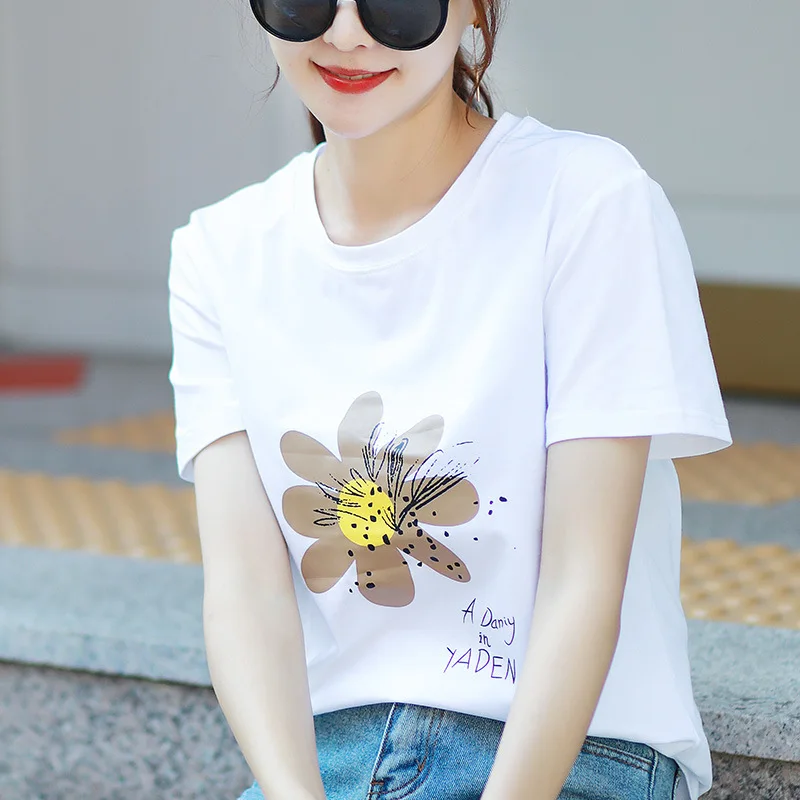 

White T Shirt Woman Short Sleeve Loose Pure Cotton Concise Flower Printing O Neck Casual Tees Female
