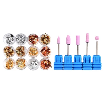 

12Pcs Nail Art Foil Paper for UV GEL Acrylic Decoration Tips, 2 & 1 Set 5Pcs Quartz Nail Drill Kits Nail Drill Head Electric Nai