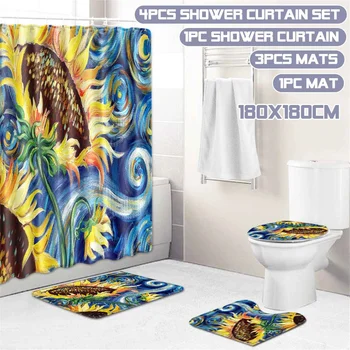 

3D Printed Sunflower Bathroom Curtain Waterproof Mildew-proof Shower Curtains Bathtub Anti-slip Mat Toilet Set Quick-drying