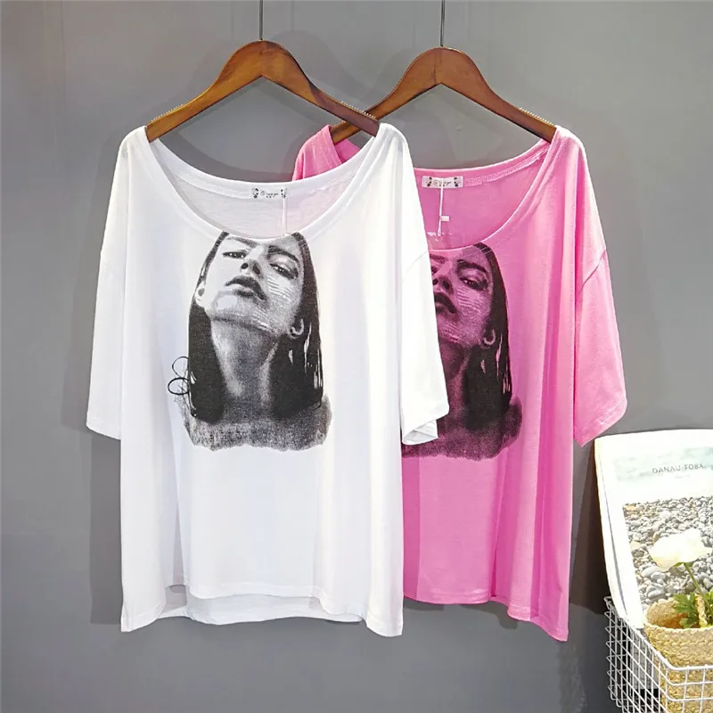 

2019 Spring Loose O-Neck T-Shirts Women Character Print Sexy Casual Tshirt White Pink Tops Korea OL Clothing Fashion Streetwear