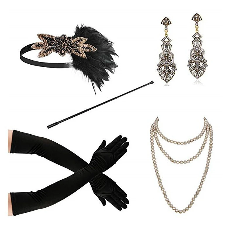 

1920s Great Gatsby Party Costume Accessories Feather Headband Pearl Necklace Gloves Cigarette Holder Delicate earrings 5Pcs Set