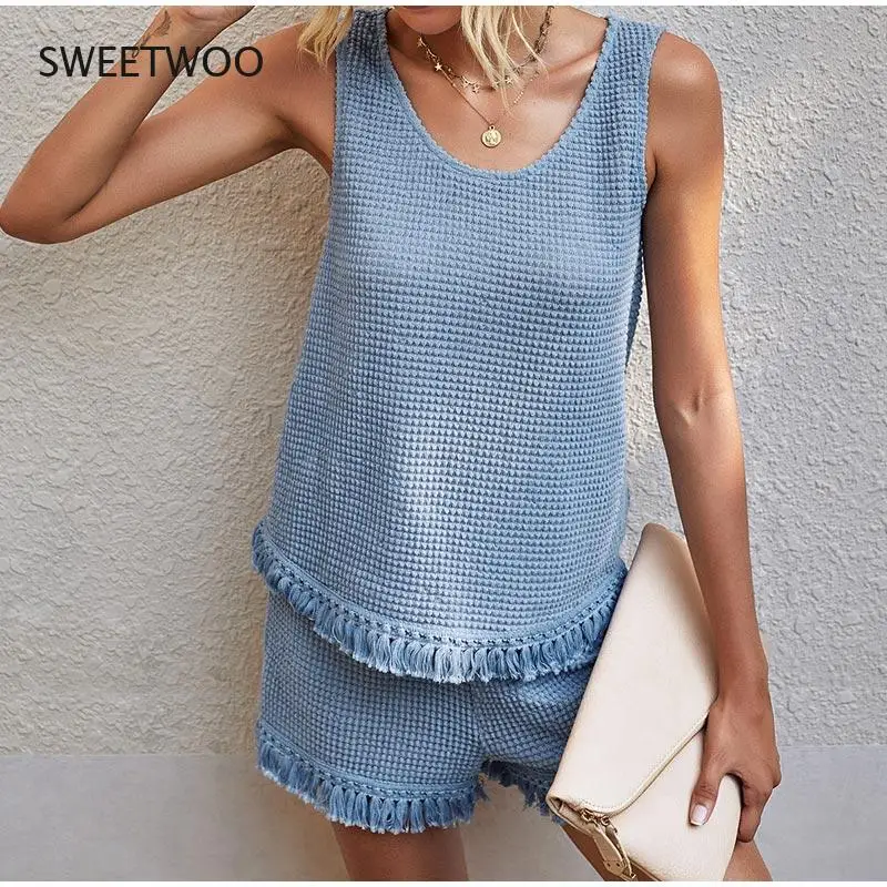 Summer Beach Two Piece Set Women Tassel Tracksuit Loungewear Casual Sleeveless Tops + Slim Shorts Suit Elegant Woman Set Outfits