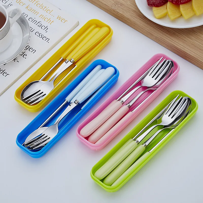 Macarons Color Coloured Glaze Ceramic Handle Stainless Steel Spoon Chopsticks Fork Tableware Set Portable Three-piece Set