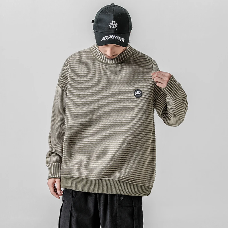 

Winter Thick Warm Sweater Men Turtleneck Irregular Stripe Sweaters Loose Fit Pullover Sueter Hombre Knitwear Black Long Sleeve