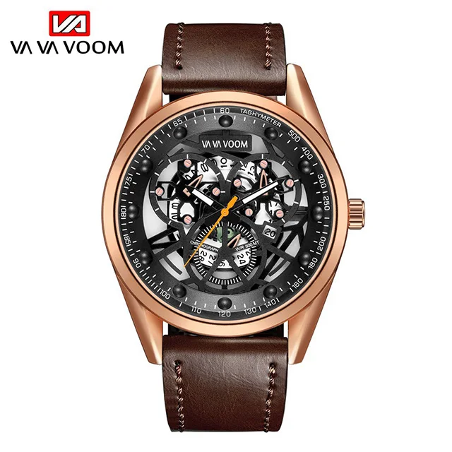 brown rose Креативные мужские часы, Топ бренд, роскошные мужские полые Кварцевые наручные часы, мужские повседневные спортивные часы с кожаным ремешком, водонепроницаемые часы с датой - Цвет: brown rose