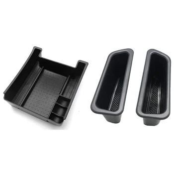

1pcs Center Console Storage Box Organizer & 2 Pcs Black Front Door Container Side Storage Box Handle Armrest Container