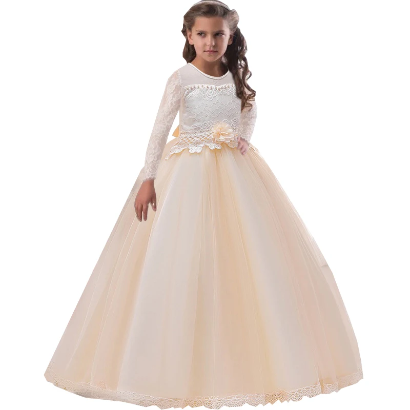 Wedding Dress For Girls Elegant White Bridesmaid Lace Flower Long Sleeve Tutu Evening Gowns Bow Girl Party Dresses 8 12 Years