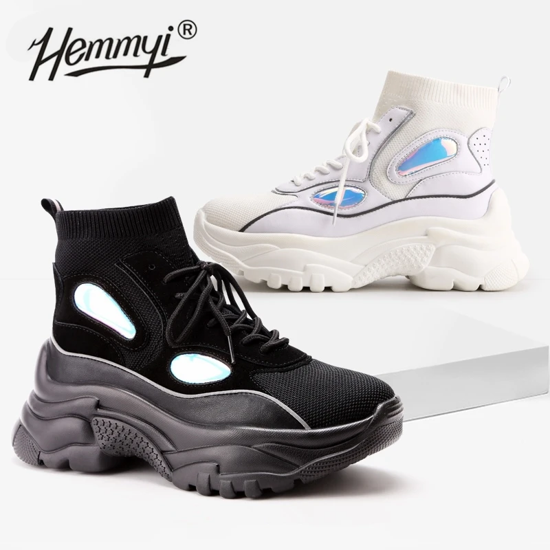 Hemmyi/Новинка года; модная обувь; женские высокие кроссовки; женская обувь на платформе; ботильоны; Basket Femme; не сужающийся книзу массивный Блестящий Носок; обувь