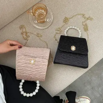 

Fashion Pleated Women Crossbody Handbags Pearl Handle Totes Female Lady PU Leather Casual Chain Small Shoulder Crossbody Bags